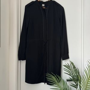 Tristan long sleeve dress with drawstring waist, hidden button-up & sequin trim